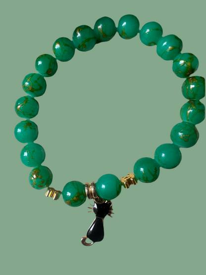 Emerald Green Beaded Bracelet with Cat Charm