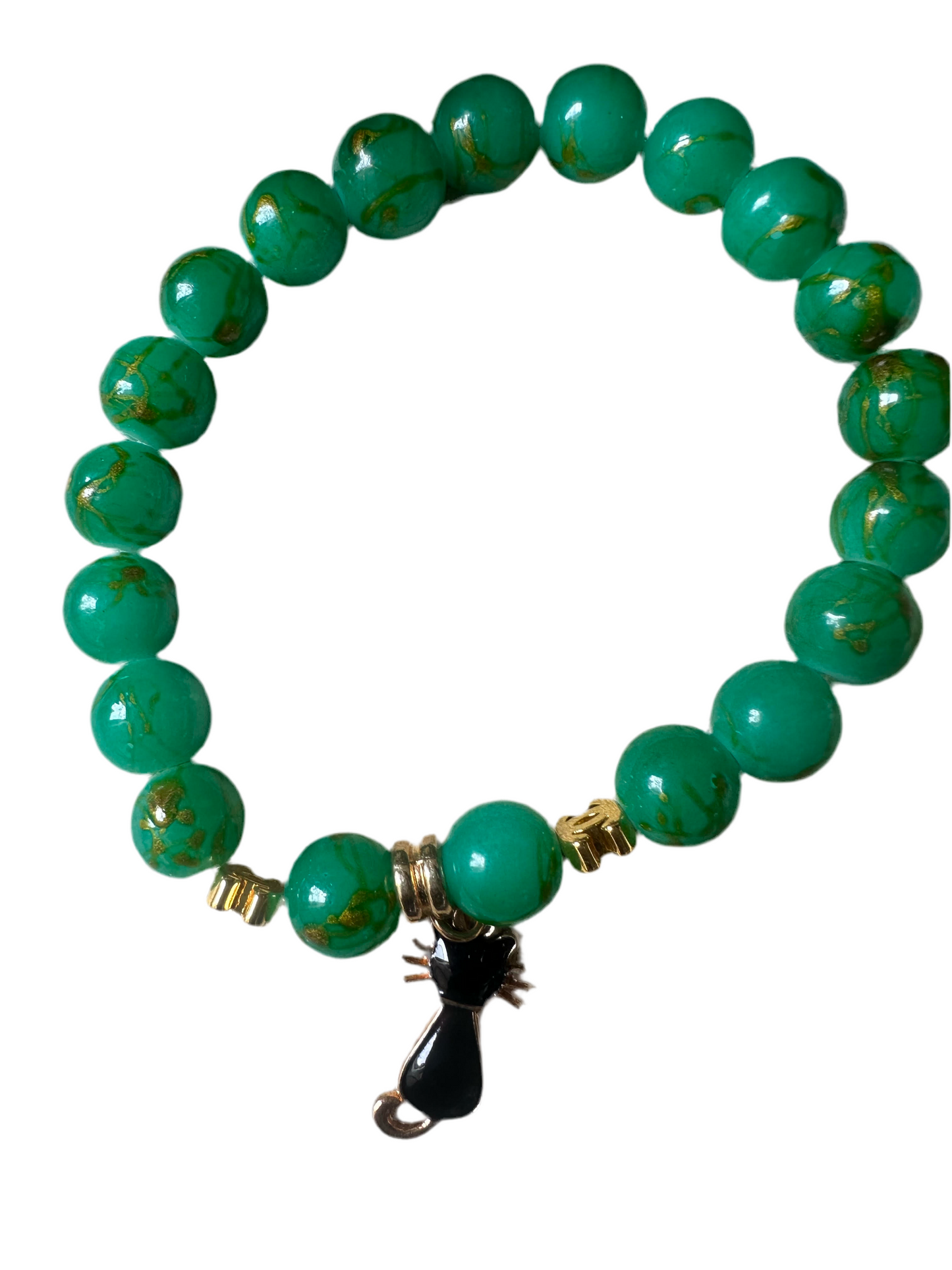 Emerald Green Beaded Bracelet with Cat Charm