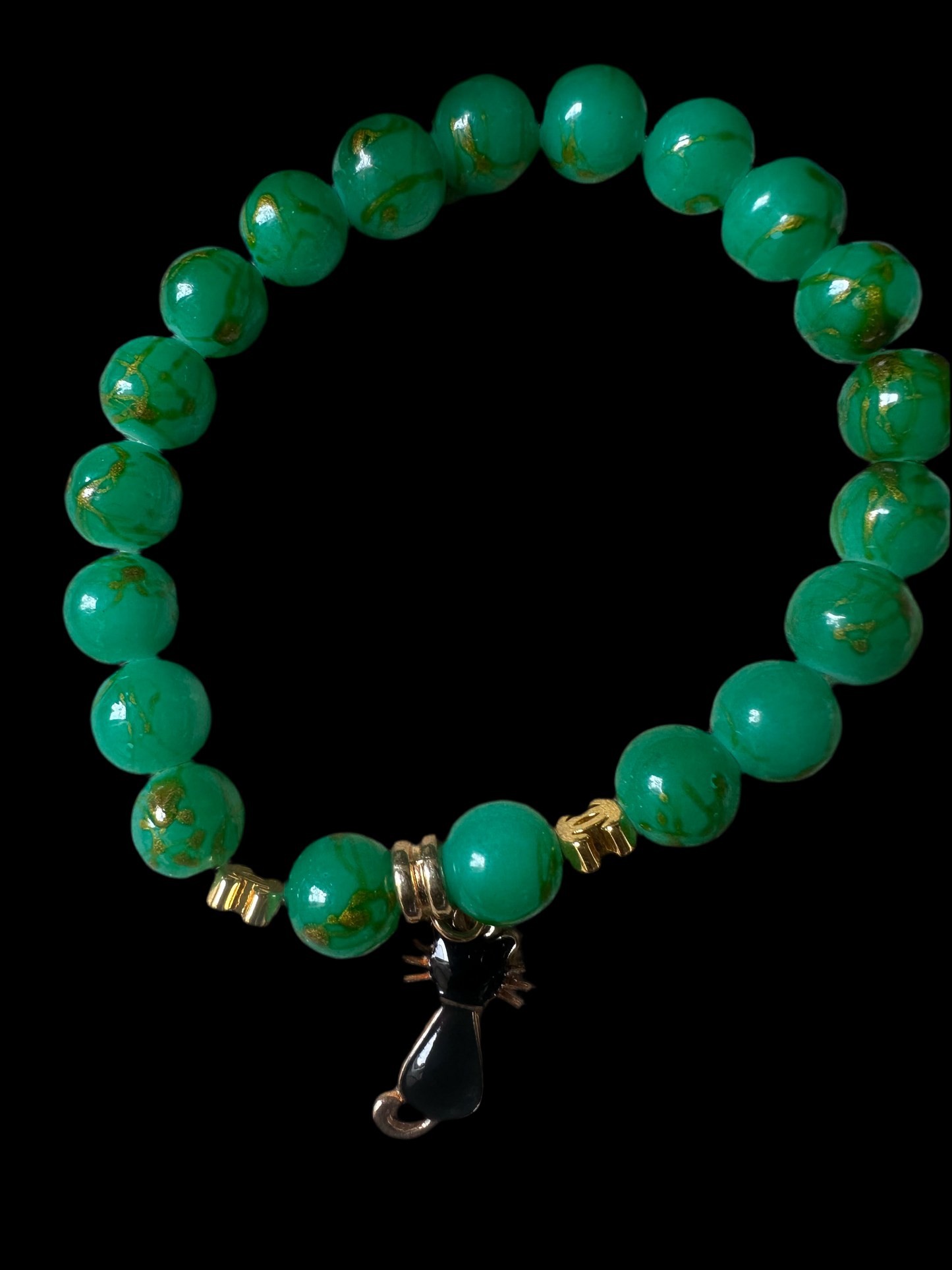 Emerald Green Beaded Bracelet with Cat Charm