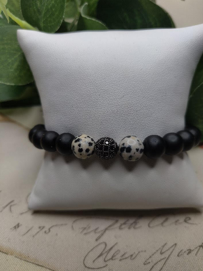 Black Obsidian & Dalmatian Jasper Bracelet with Diamond Accent